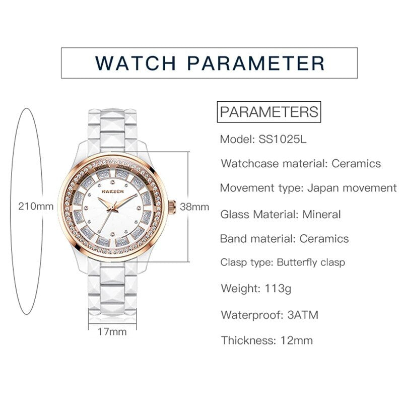 NAKZEN Design Quartz Ladies Watch High Quality Ceramic Bracelet White Watches Luxury Diamond Clock Gifts for Women Relojes De Mu