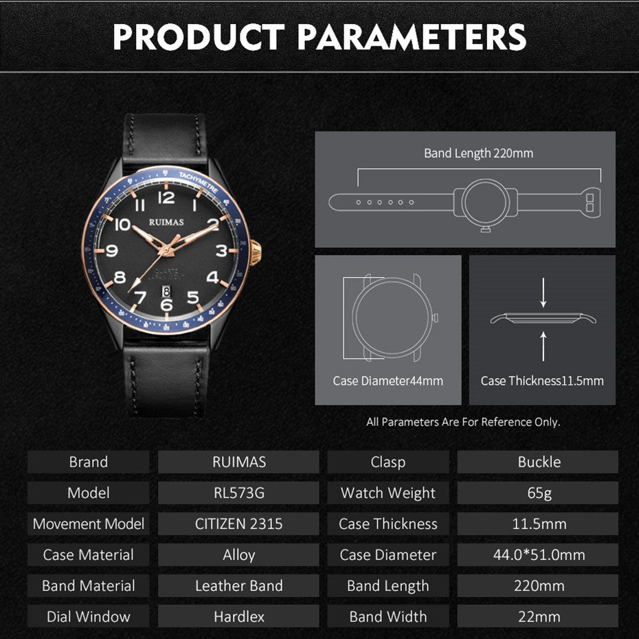 RUIMAS Men Quartz Watches Luxury Leather Sports Quartz Wristwatches Waterproof Luminous Casual Clock Auto Date Relogio Masculino