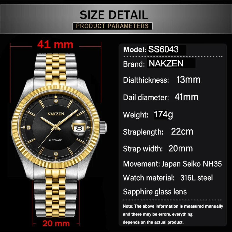NAKZEN Watch Luxury Men Automatic Mechanical Tourbillon Clock Fashion Sapphire Glass Stainless Steel Waterproof Watches NH35 Mov