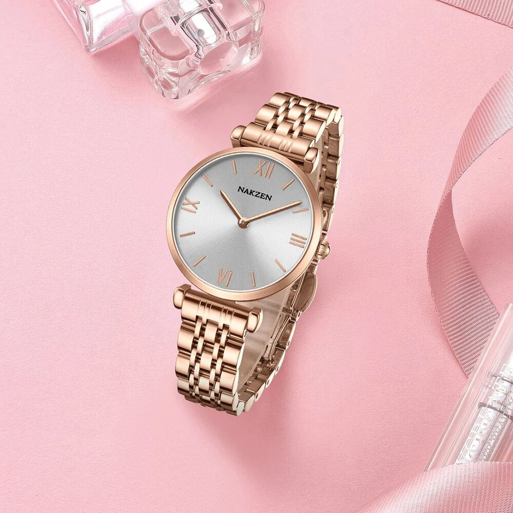 2021 New NAKZEN Luxury Crystal Watch Women Waterproof Rose Gold Steel Strap Ladies Wrist Watches Top Brand Bracelet Clock Relogi