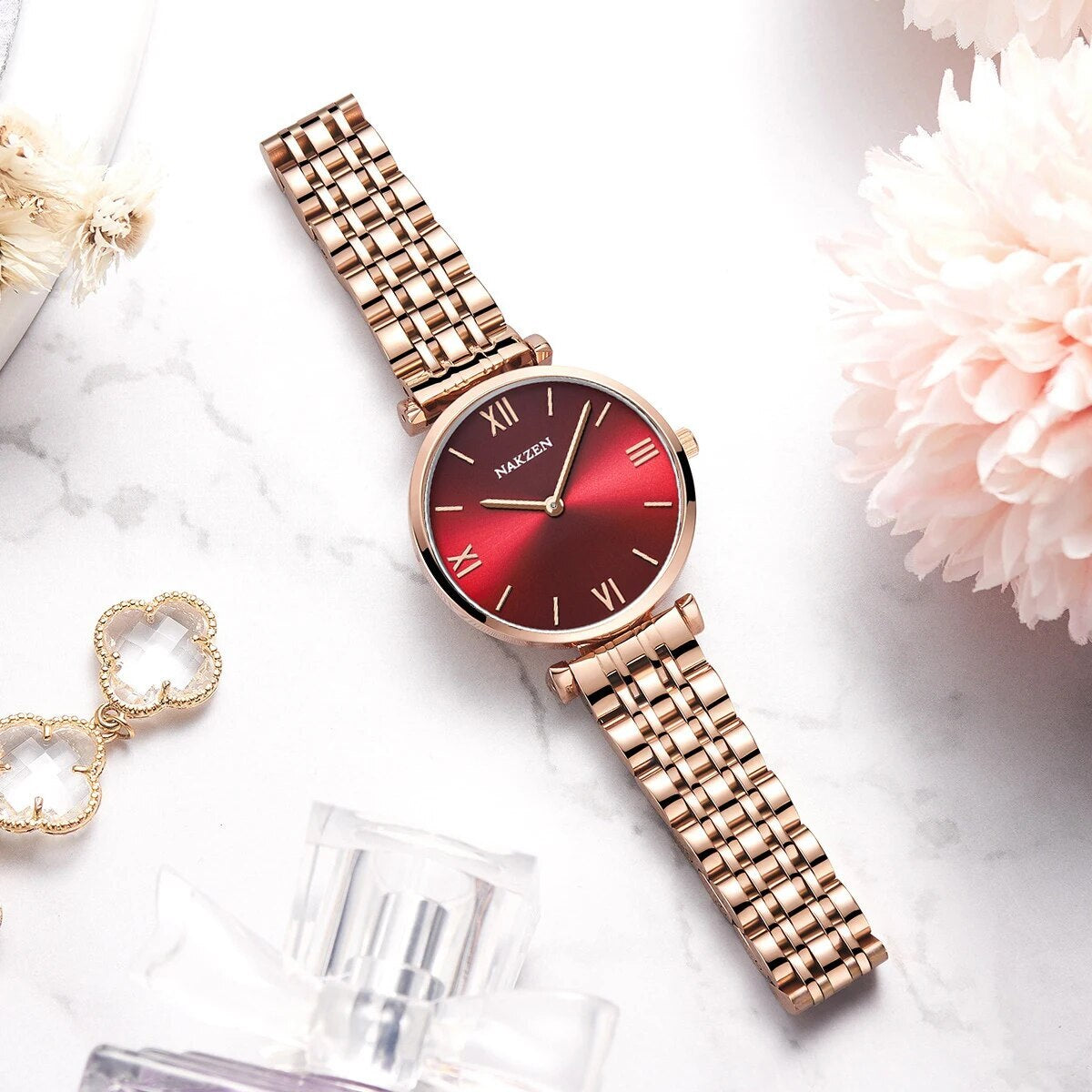 2021 New NAKZEN Luxury Crystal Watch Women Waterproof Rose Gold Steel Strap Ladies Wrist Watches Top Brand Bracelet Clock Relogi