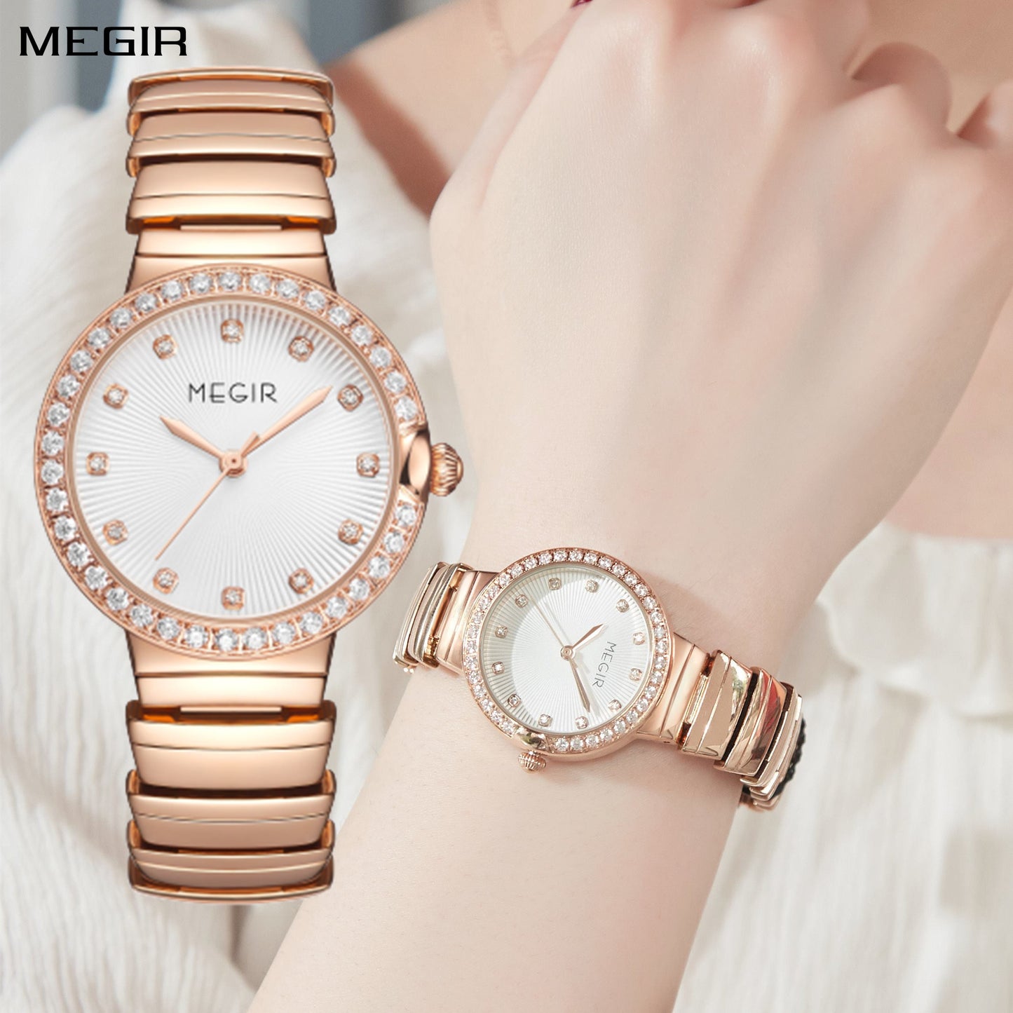 MEGIR Luxury Stainless Steel Strap Watches for Women Fashion Casual Quartz WristWatch Ladies Big Dial Dress Clock Reloj Hombre