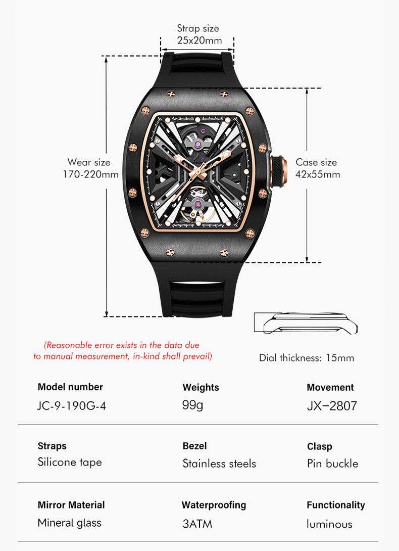 New Skeleton Dial Men's Watch Stainless Steel Case Automatic Mechanical Wristwatches 30M Waterproof Sports Watches Gift 9190-4